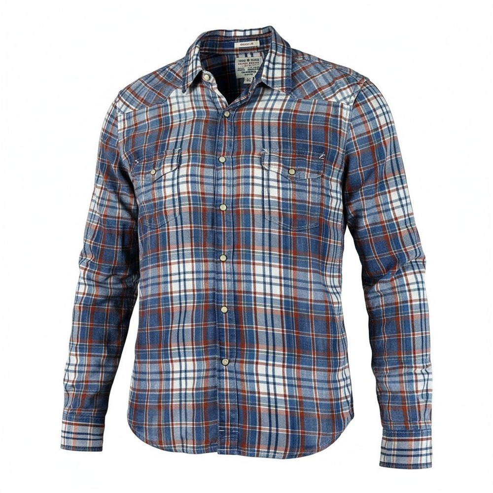 Lucky Brand Mens Utility Classic Fit Blue Orange Plaid Western Flannel Shirt M